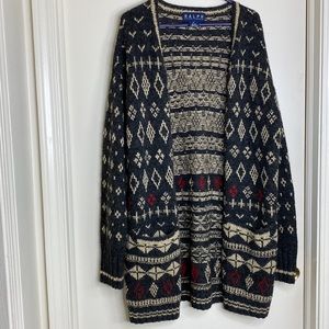 Ralph Lauren Geo Blue Label Wool Silk Blend Sweater Cardigan Medium Geometric